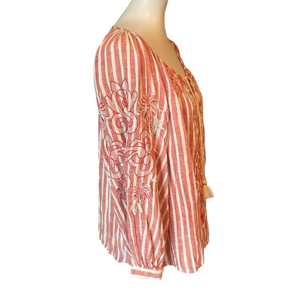 Anthropologie Akemi & Kin Striped Peasant Blouse  Embroidered Linen Blend Sz L - Picture 7 of 11